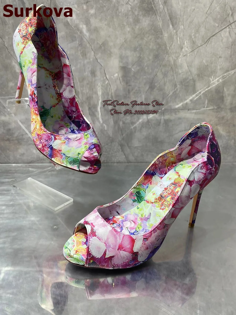 Surkova Multi-Color Flowers Printed High Heel Shoes Stilettos Open Toe Irregular Shallow Cut Pumps Slip-On Floral Blossom Heels