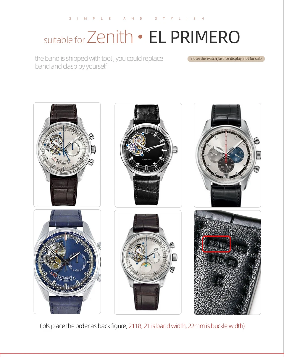 PESNO Herrenuhr aus echtem Kalbsleder, Bambusmaserung, 21–22 mm Bänder, Schwarz, Dunkelbraun, Blau, geeignet für Zenith EL PRIMERO – Detail 5
