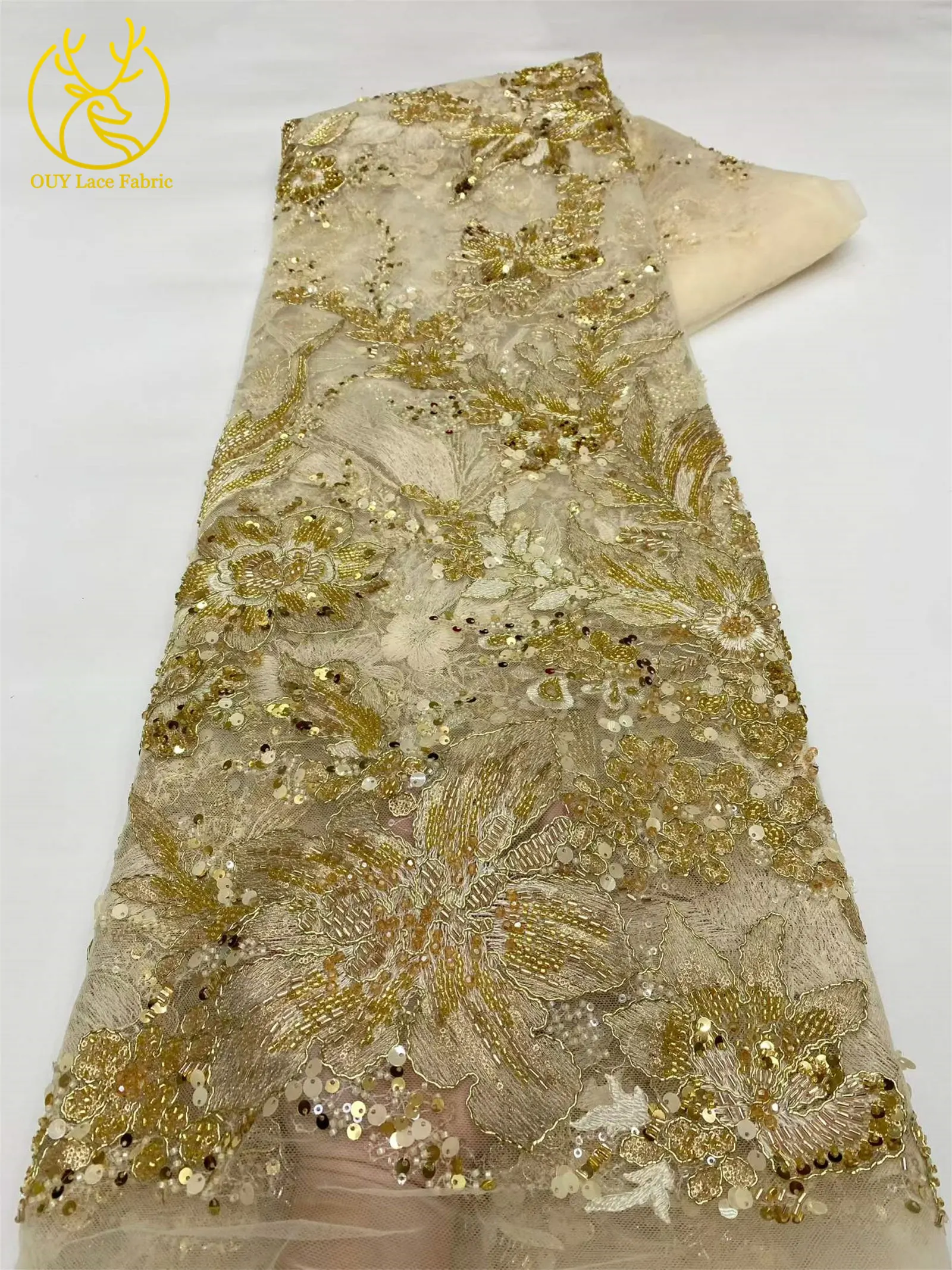 Eleganter Tüll-Spitzenstoff mit Pailletten und Blumenstickerei, afrikanischer handgefertigter Perlen-Mesh-Spitzenstoff zum Nähen von Abendkleidern, 5 Yards – Detail 12