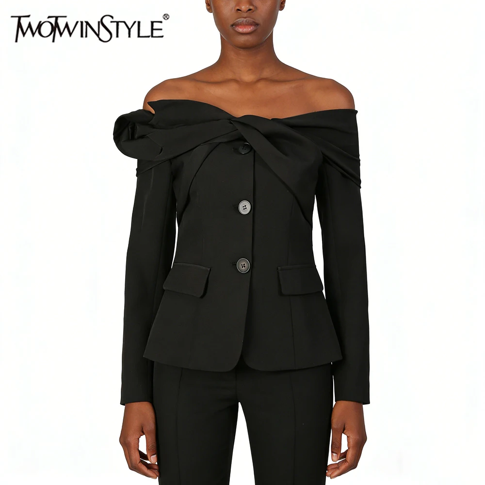 TWOTWINSTYLE Slimming Spliced Shirring Elegant Blazers for Women Slash Neck Long Sleeves Tunic Fashion Blazer Female Autumn New