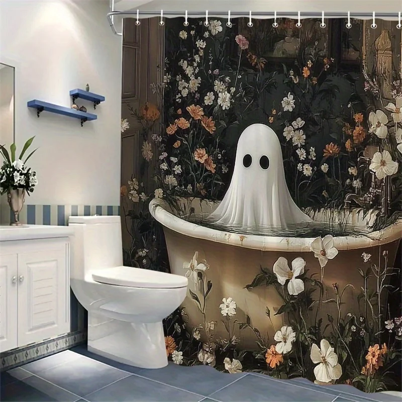 1pc a Whimsical Shower Curtain Featuring a Ghostly Figure in a Cream Bathtub, Encircled by Vibrant Blooming Flowers. This Gothic