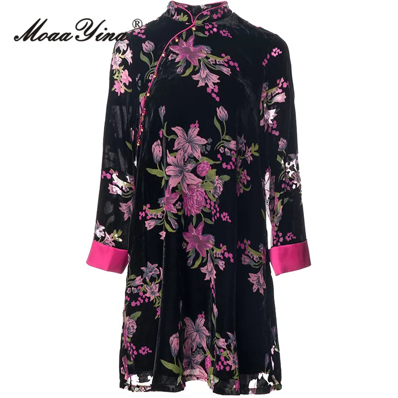 Moretenues Yina-Robe courte à imprimé floral pour femme, vêtement vintage, col montant, taille haute, slim, mini, mode automne