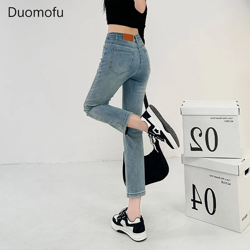 Duomofu-Jeans reto de cintura alta feminino, calça fina, calça recortada, botão de zíper, simples e chique, moda clássica e solta, casual e simples, outono