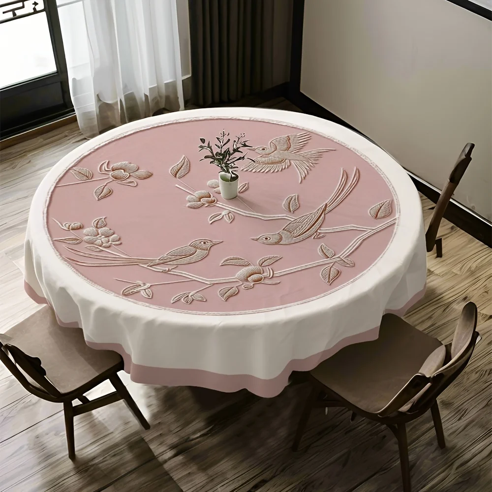 Polyester round tablecloth in new Chinese-style embroidery style, with round lace borders and pink background pattern.