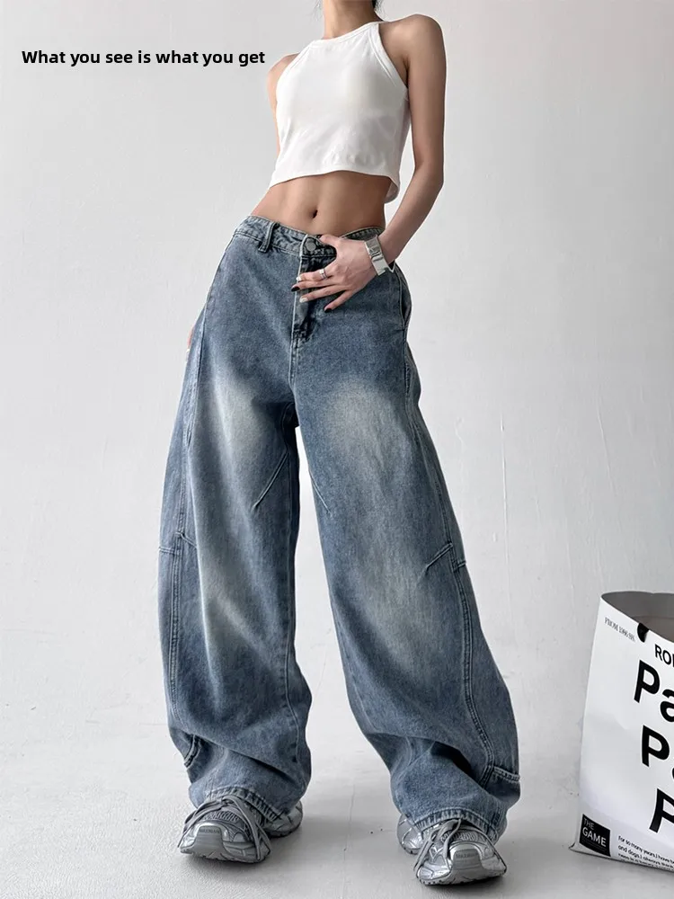 

Синие винтажные женские джинсы с высокой талией, утягивающие свободные широкие брюки длиной до пола, весна-лето, новое поступление