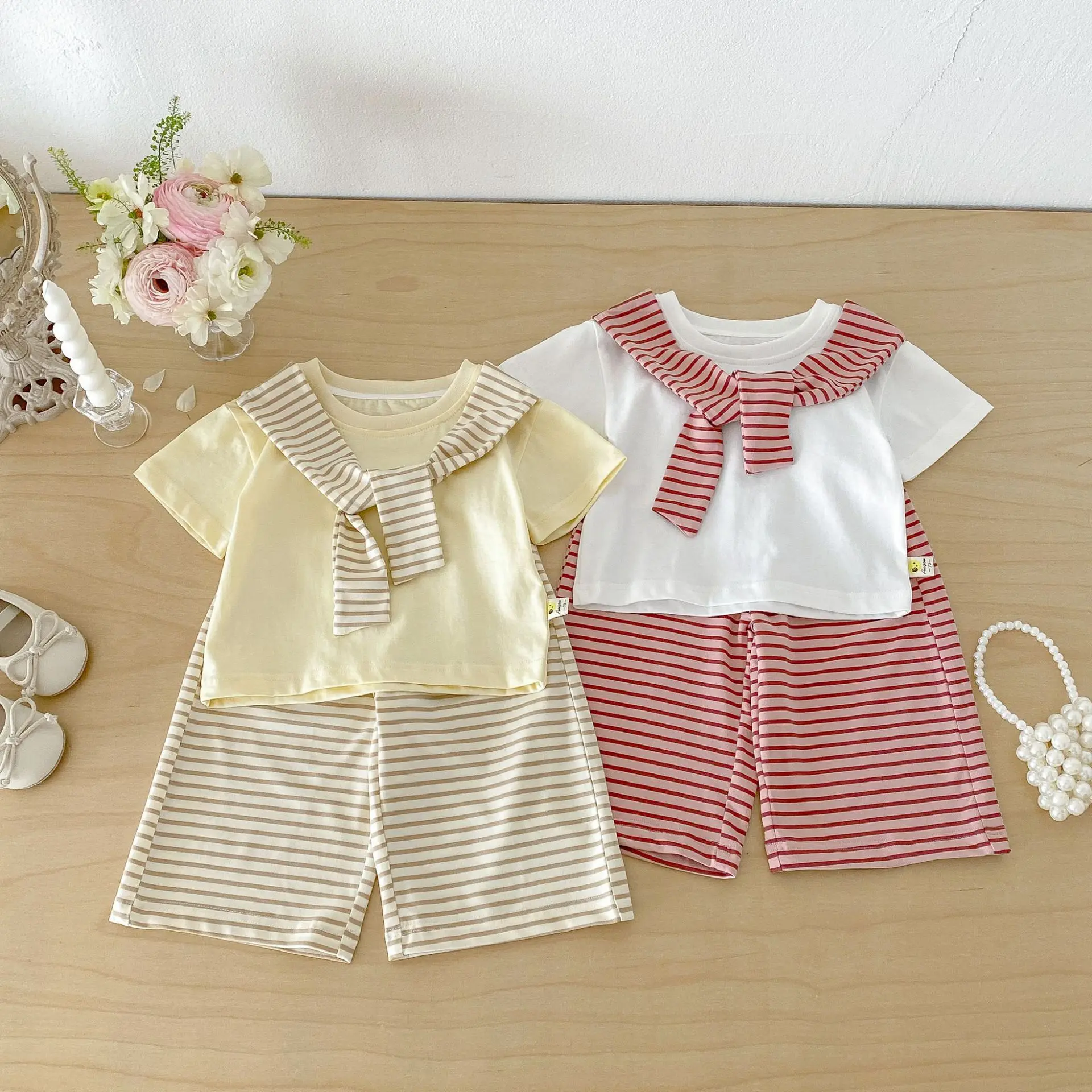 Summer Children Casual Holiday Clothes Set Boys Girls T Shirts + Striped Pants 2pcs Suit Cotton Loose Toddler Outfits  987