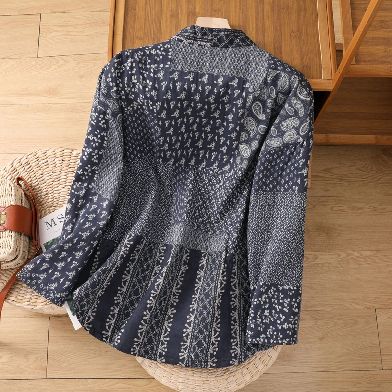 Autumn Winter Thickened Double Layer Cotton Linen Belted Coat Ethnic Style Women's Long Sleeve Mid-Length Windbreaker