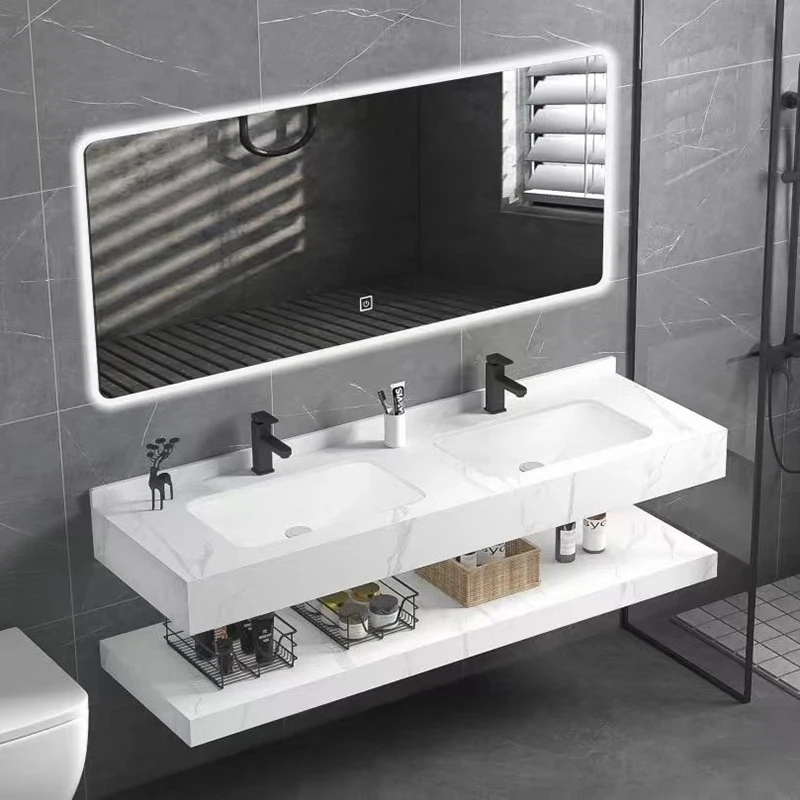 White Fashion Modern Floating Marble Countertop Vanity Stone Bathroom Cabinets Vanities With Slab Basin  With Light Mirrorpromot