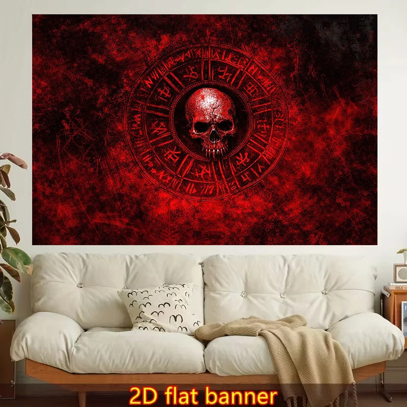 1pc Stylish 2D Flat Printed Wall Tapestry, Red Background, Skull, Runic Circle, Colorful Aesthetics, Bedroom Aesthetics, Suitable for Living Room, Bedroom, Office