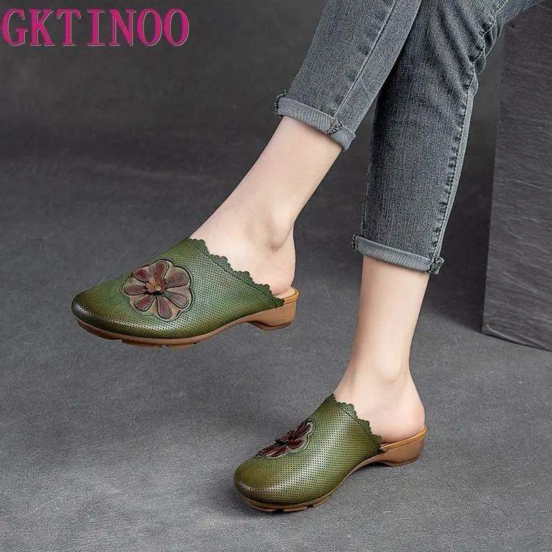 GKTINOO 2024 Summer Shoes Women Slippers Floral Genuine Leather Outside Slides Retro Women Flat With Concise Ladies Slippers