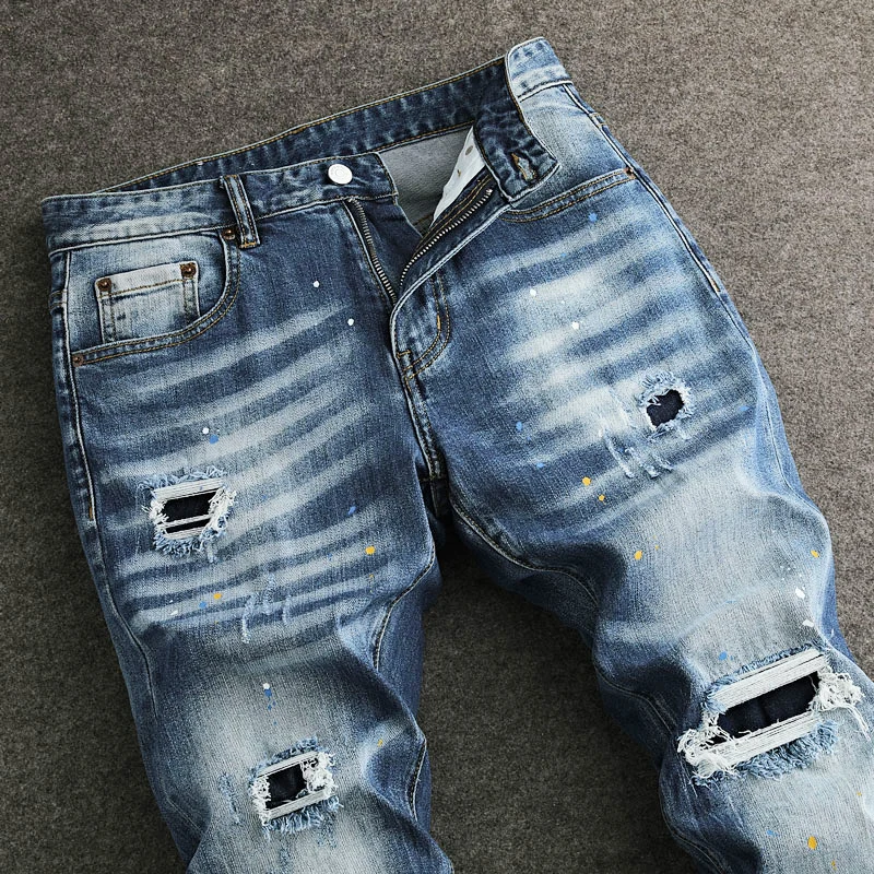 Street Fashion Men Jeans Retro Washed Blue Stretch Slim Fit Patched Ripped Jeans Men Painted Designer Vintage Y2K Denim Pants