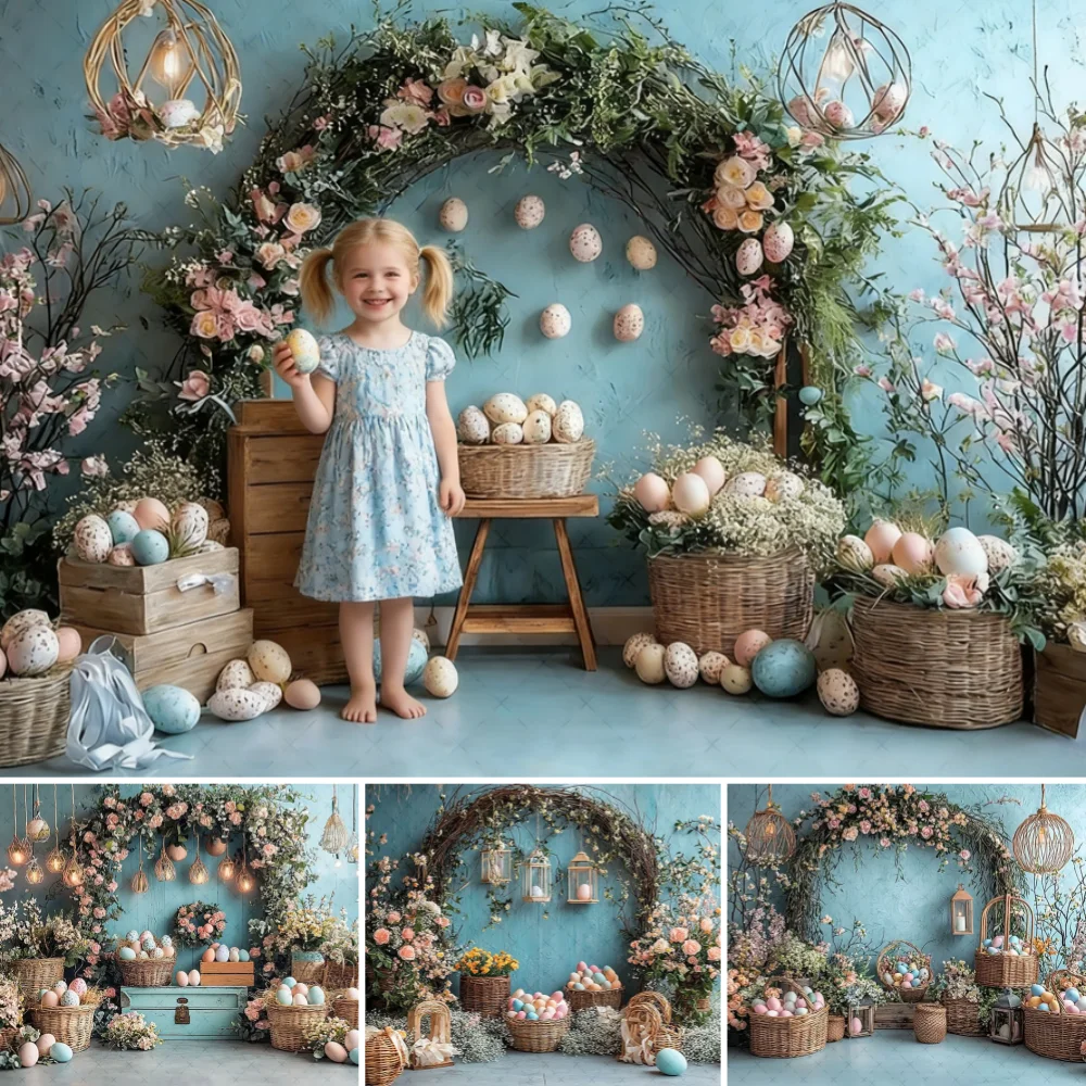 

Spring Easter Photography Background Blue Wall Arch Floral Eggs Kid Birthday Party Portrait Decor Backdrop Photo Studio Props
