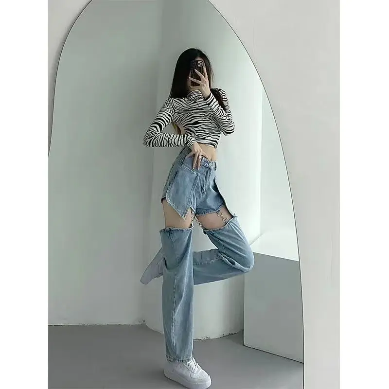 High Street Straight Fake Two Ripped Jeans Summer Women Blue Washed Zipper Removable Fashion High Waist Thin Loose Denim Pants