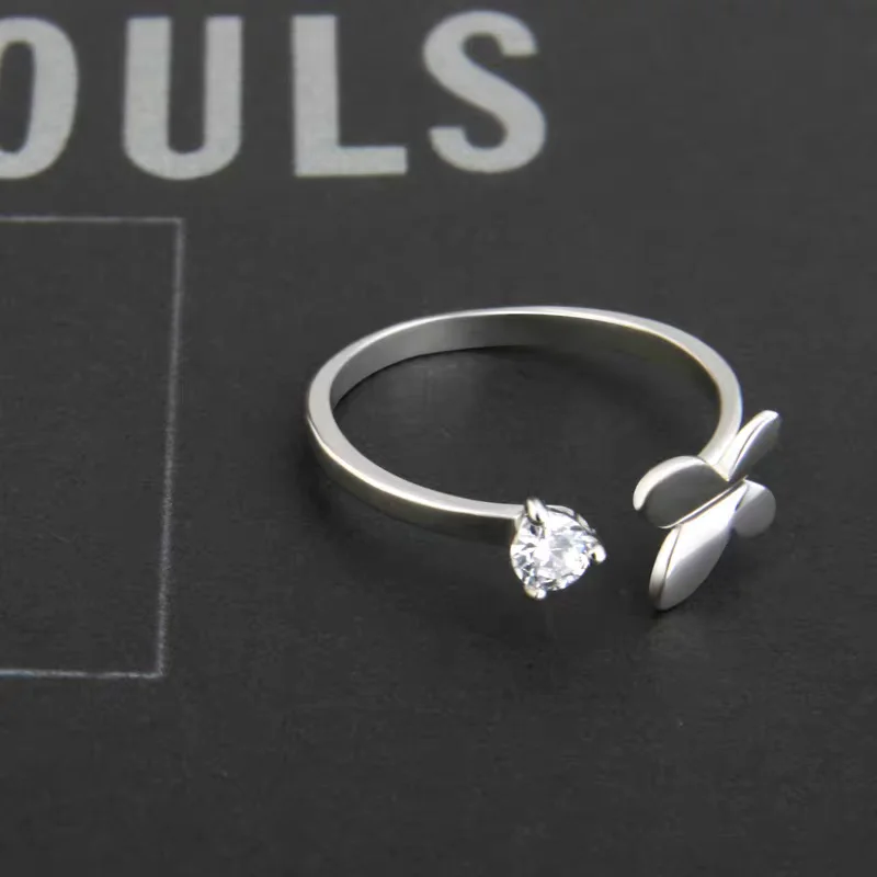 Hot Sale 925 Silver Open Cute Butterfly Ring Korean Version Fashionable Exquisite Zirconia Hand Accessory for Women
