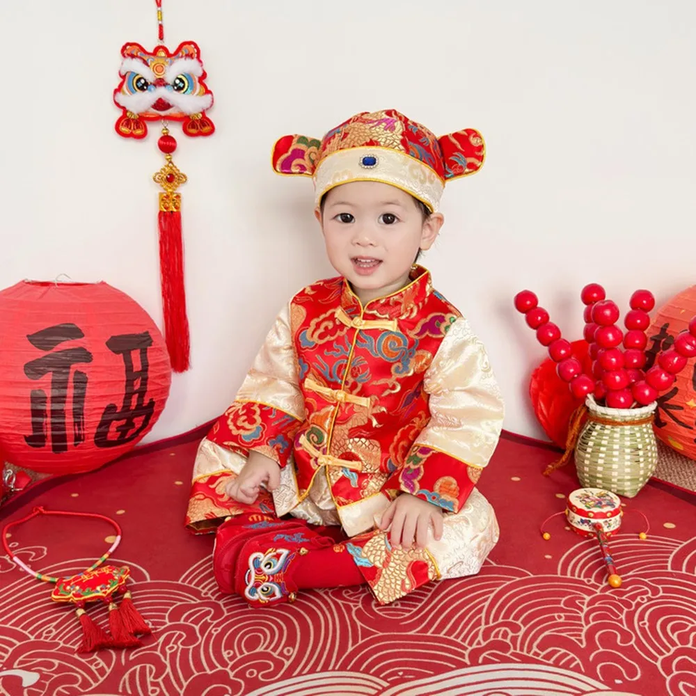 

Baby Gift For First Birthday Costumes 9M-3Years Old Spring Boys Chinese Traditional Red Jacket+Pants with Hats 3 pcs Suits
