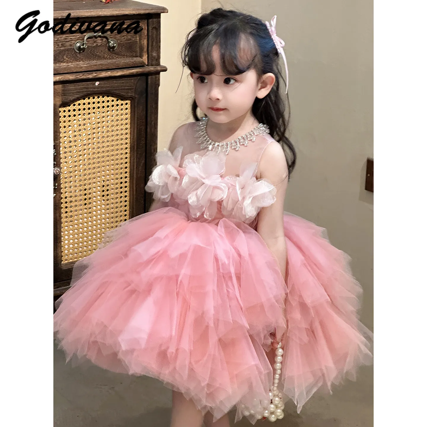 Sweet Baby Girls Pink Fluffy Cake Princess Dress Kids Summer New Heavy Fairy Sleeveless Tulle Birthday Party Evening Ball Gown