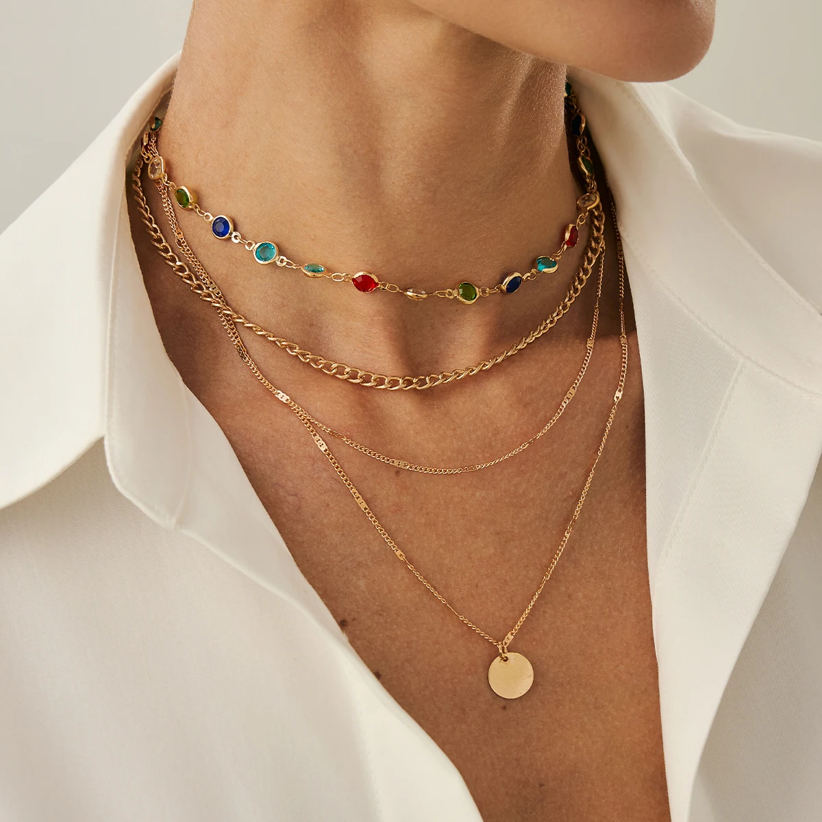 SHIXIN Elegant Colorful Crystal Chain Choker Necklace for Women Vintage Multilayer Metal Chain Necklace Party Wedding Jewelry