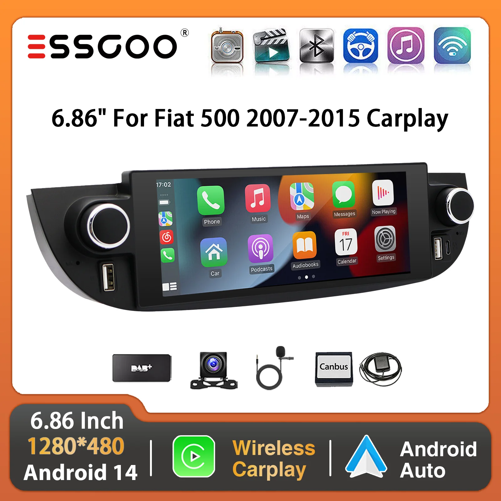 Autoradio ESSGOO Android 14 6.86 per Fiat 500 2007-2015 - Carplay Senza Fili & Android Auto - Navigazione GPS - Doppio USB FM WIFI Bluetooth RDS - Lettore Multimediale Video Unità Centrale Schermo