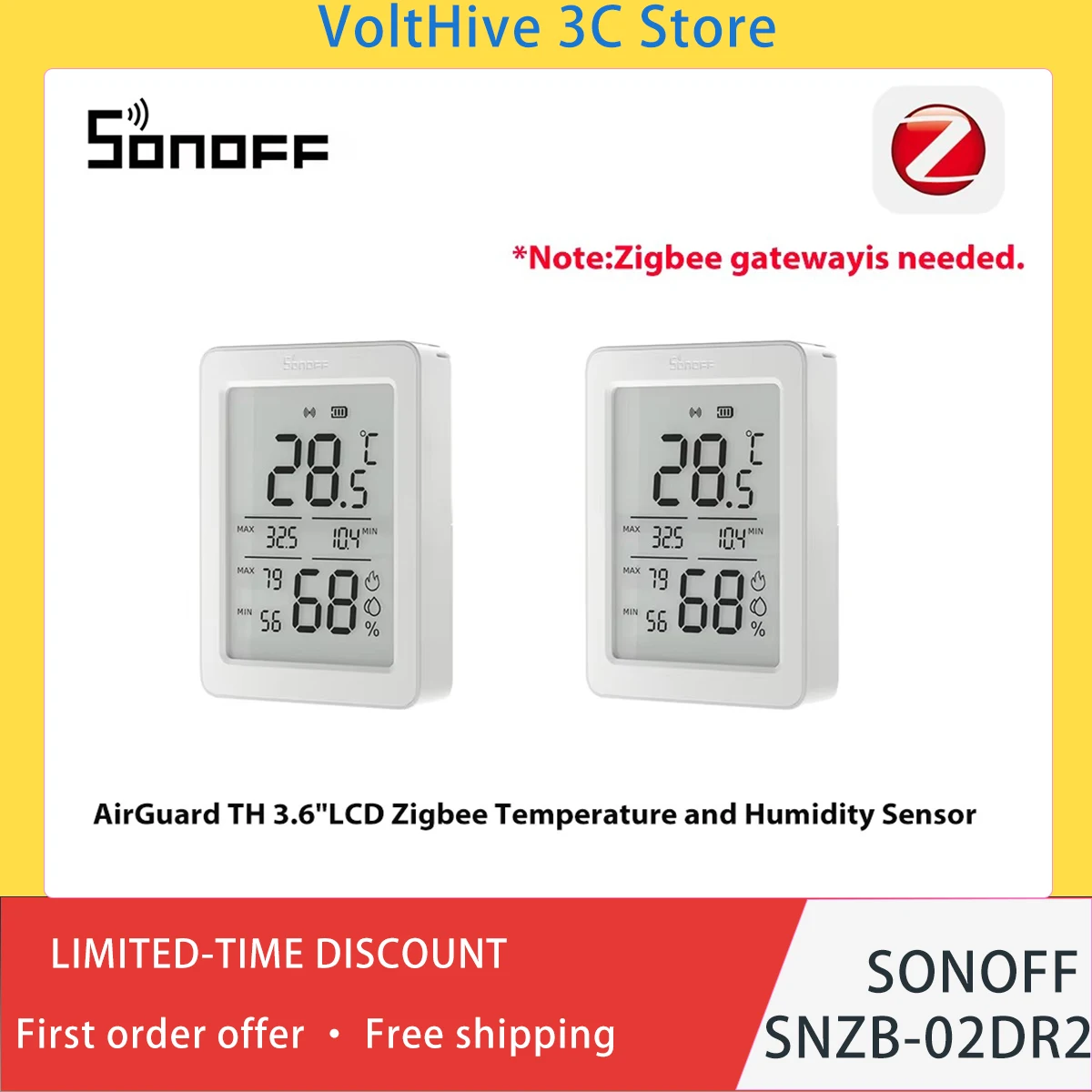 SONOFF SNZB‑02DR2 AirGuard TH Zigbee Temperature Humidity Sensor 3.6 LCD Display App Monitor Via Matter Bridge for Apple Home
