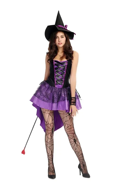 

Adult Women Halloween Witch Costume Carnival Party Cosplay Sexy Purple Swallow Tail Witch Dress Suit