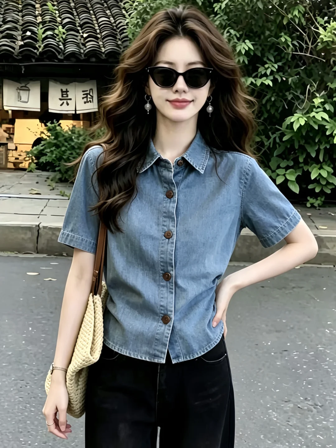 Retro Washed Short Sleeve Denim Shirt Women's Summer Thin Slim Fit Collared Small Size Versatile Commute Shirt Casual Style