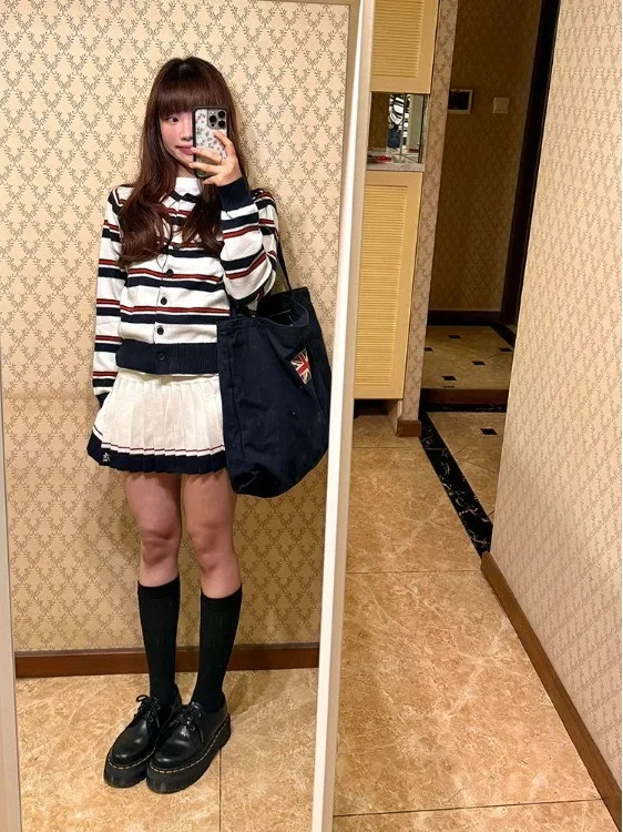 Retro Striped Knitted Open Cardigan Women's Early Autumn College Sle Slim Fit round Ne Sweater ort Coat Top Korean Sle