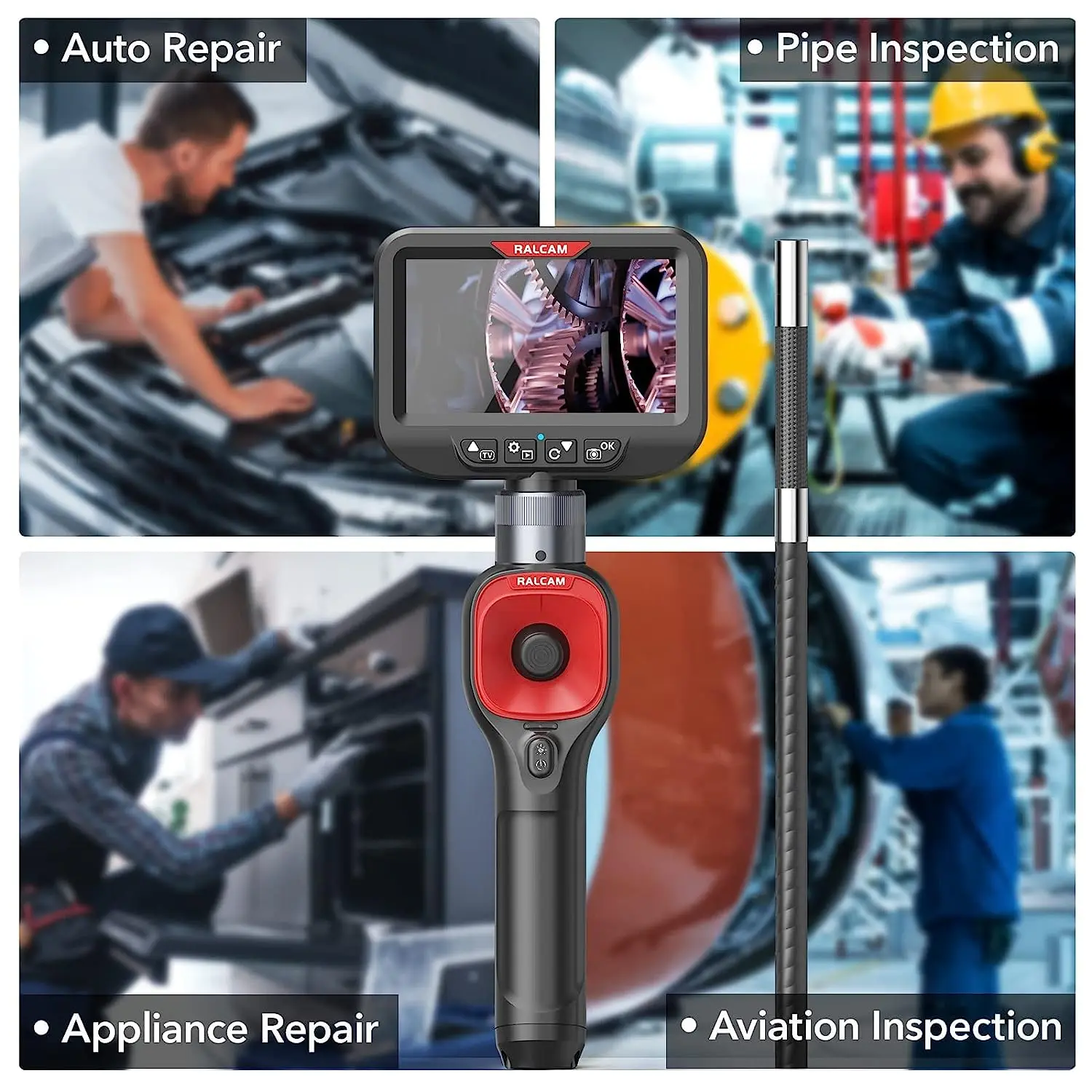 Ralcam 360° Articulating Borescope IP67 4.3 Inch IPS Screen 6.2mm Lens 4 Way Steering Automotive Endoscope Inspection Camera