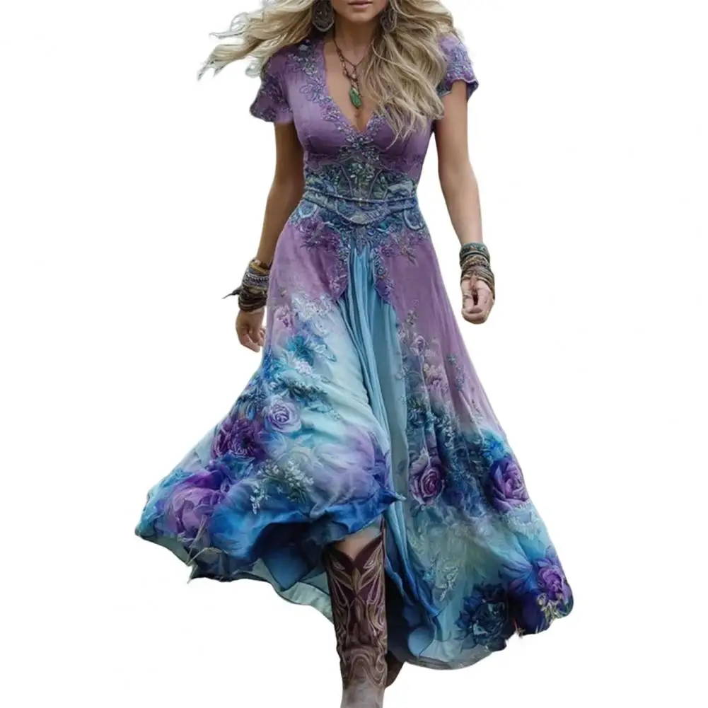 Zomerjurk voor dames, bloemenprint, korte mouwen, V-hals, swingjurk, Boho, zwierige A-lijn, casual, gala, bruiloft, gastjurk