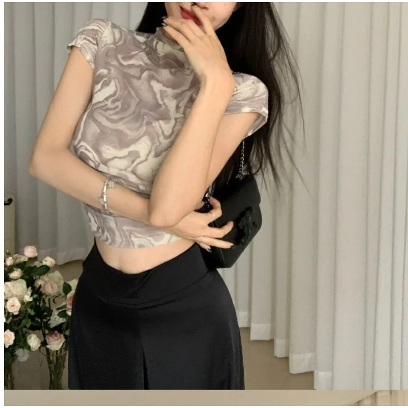 Vintage Harajuku Crop Top Korean Fashion Tie Dye T-shirt High Neck Summer New 2025 Women's T-shirt Slim Fit Fashion Tees Top