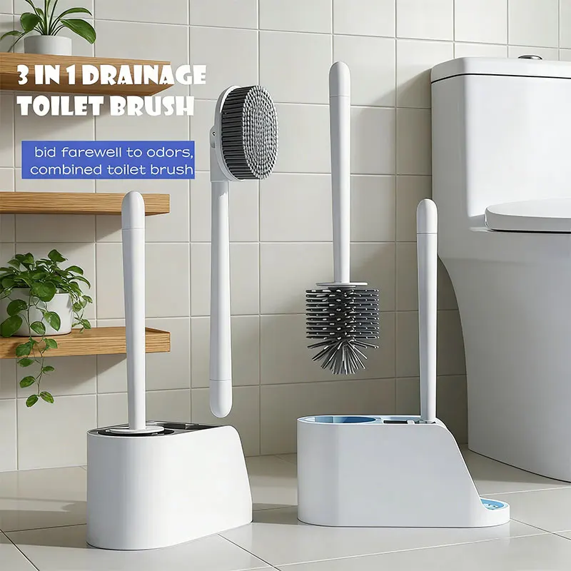 

3-in-1 Silicone Toilet Brush with Holder - Freestanding Multi-Functional Cleaning Tool, Home Bathroom Accessory Set