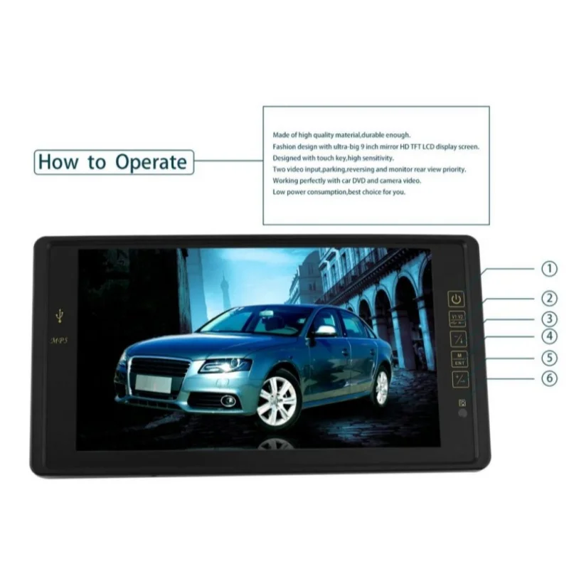 

ZJ6788500 9" Car Parking Monitor - HD 800x480 TFT LCD Rearview Mirror Dual Video Input Low Power