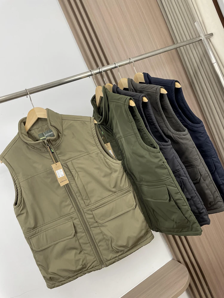 Outdoor Fleece-Lined Cargo Vest Men Fall Winter Utility Stand Collar Jacket Multi-Pocket Warm Vest Windproof Commute Outerwear