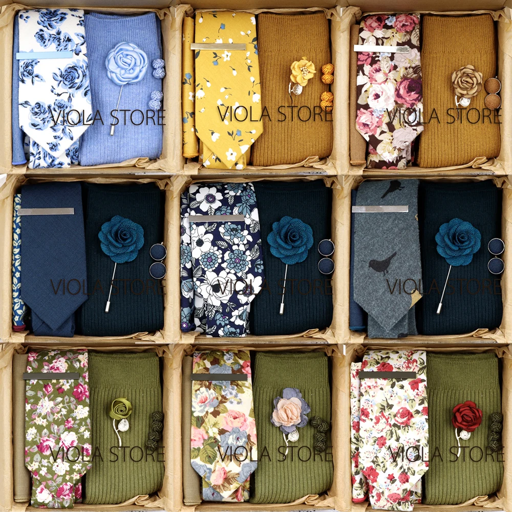 Viola Design 6PCS Gift Box Floral Solid Cotton Sock Tie Sets Clip Pin Cufflinks Hanky Men Wedding Party Daily Cravat Accessory