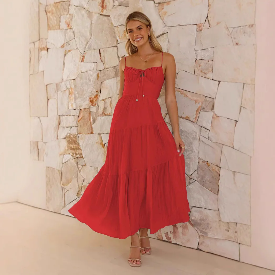 2025 Summer Women Flowy Long Dress Spaghetti Strap Cut Out Backless Ruffle A-line Dress Bohemian Party Holiday Casual Sundress