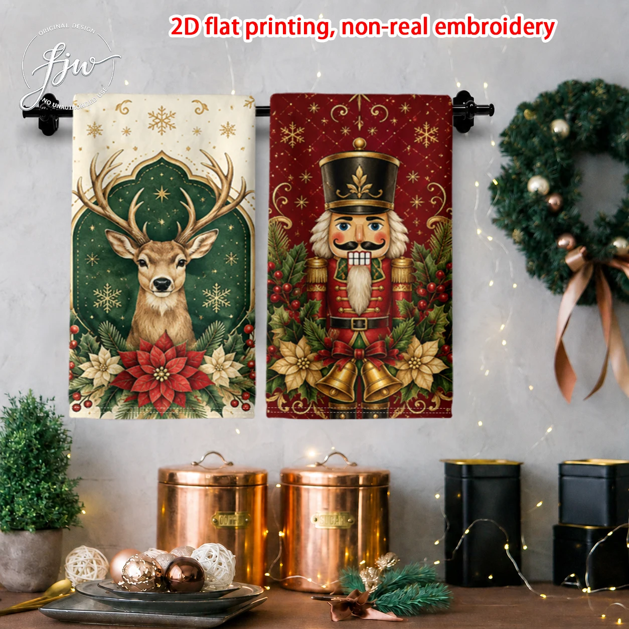 2pcs Christmas Kitchen Towels Set of 2 Vintage Festive Xmas Decorative Dish Towels for Holiday Home Cooking Decor