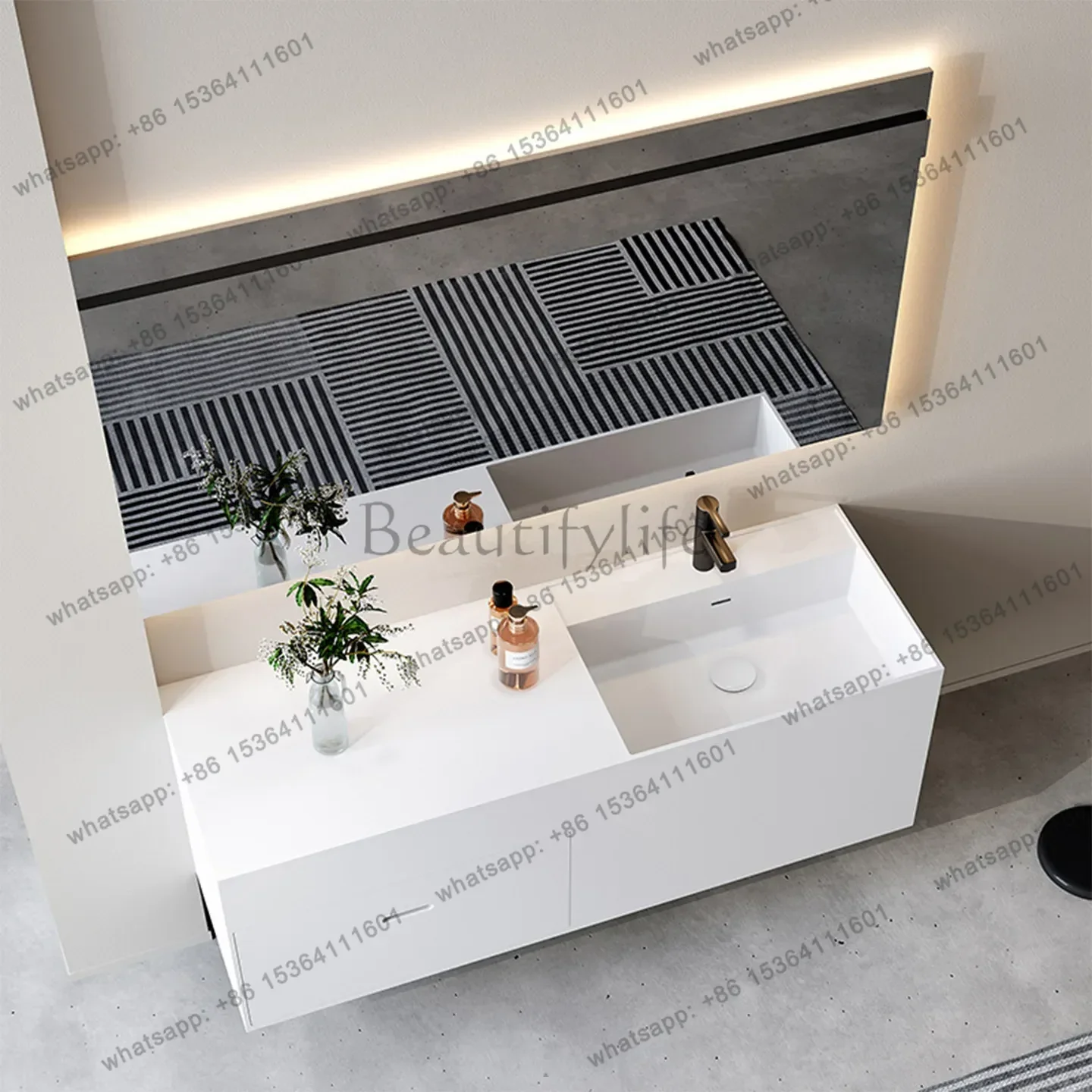 LJY Nordic Bathroom Cabinet Storage Artificial Stone Integrated Bathroom Cabinet Home Storage Full Set Mobile Da Bagno Furniture