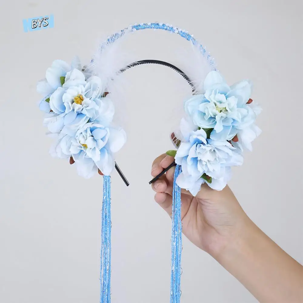 

Fashion Feather Flower Headband Bead Pearl Tassel Hair Hoop Chinese Style Cloth Hanfu Hair Accessories Girls