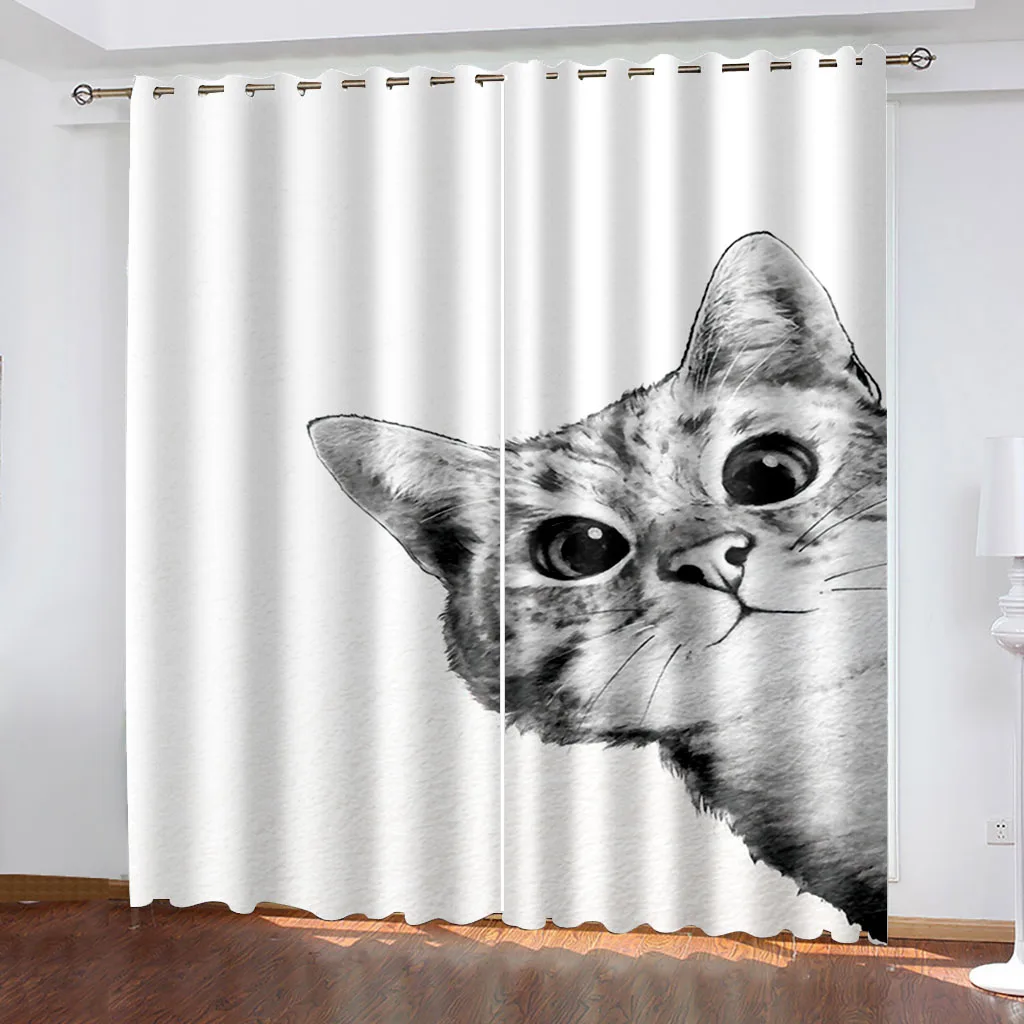 3D Cheap Cartoon Cat Cute Funny Design Shade Thin 2 Piece Window Curtain for Children\'s Kid Bedroom Living Room Decor on Sale