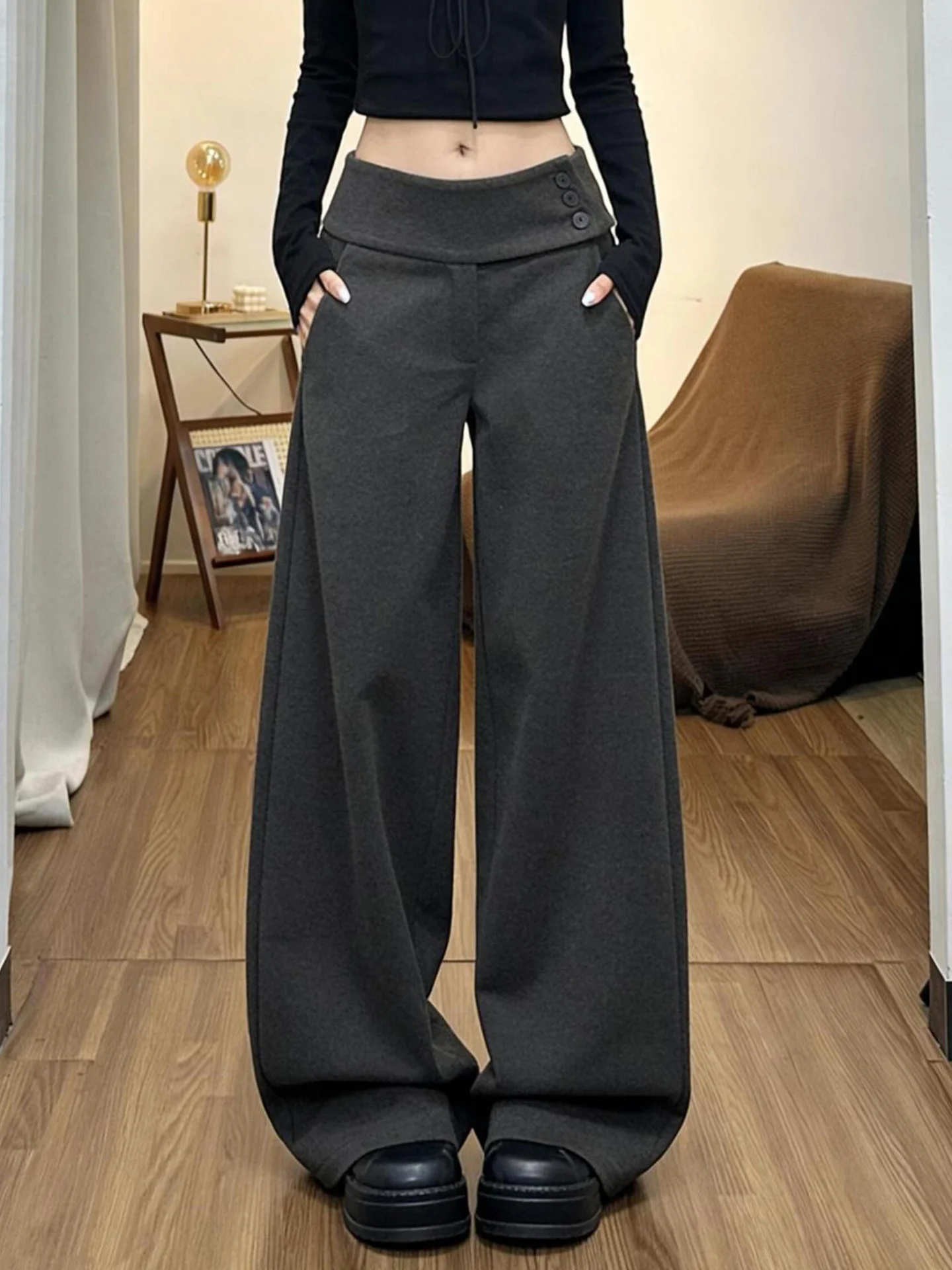 

Loose Woolen Pants Women's Casual Straight Leg Trousers Design Sensation Slimming Drapey Long Pants Comfortable Loose Fit