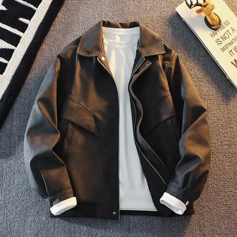 

American Retro Biker Jaet Men's Casual Turn-down Collar Leather Coat Spring Autumn Faion Urban Loose Fit Youth Outerwear