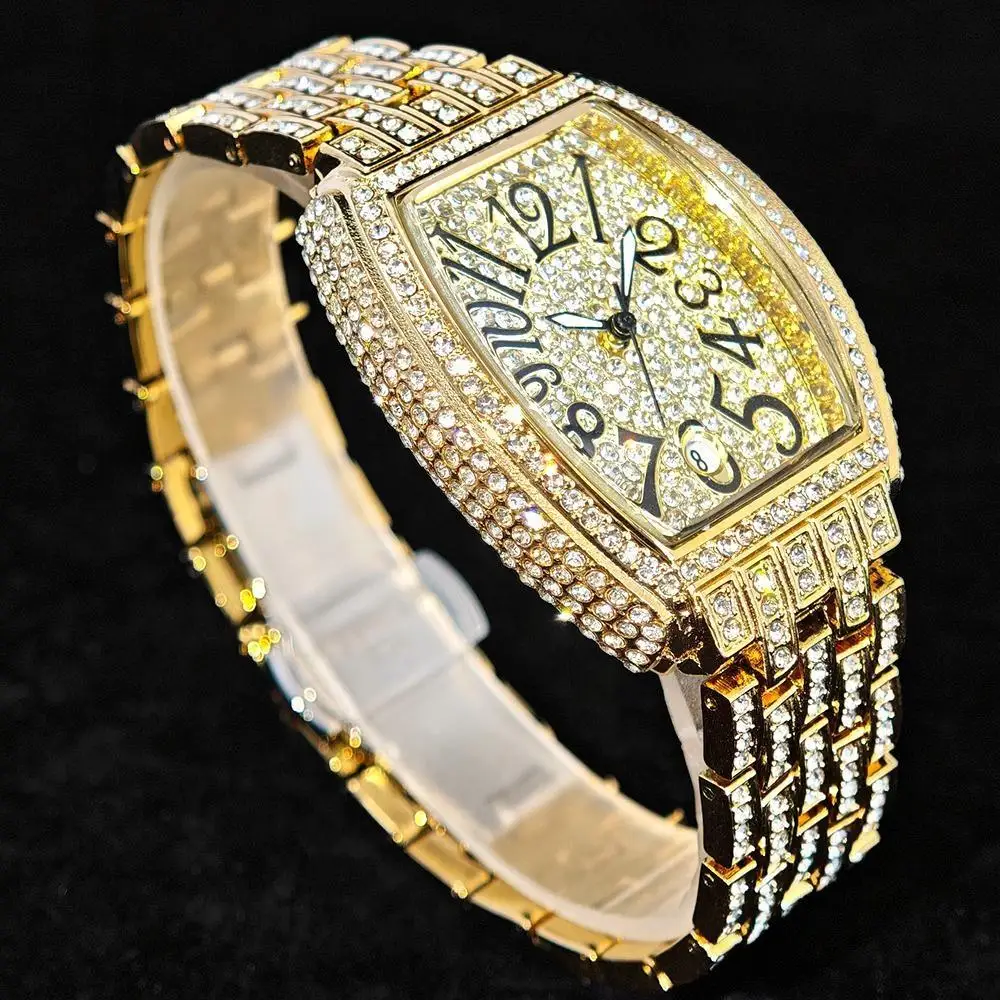 

Роскошные золотые часы со льдом для женщин, элегантные модные кварцевые наручные часы из нержавеющей стали Tonneau, женские блестящие часы с бриллиантами для девочек