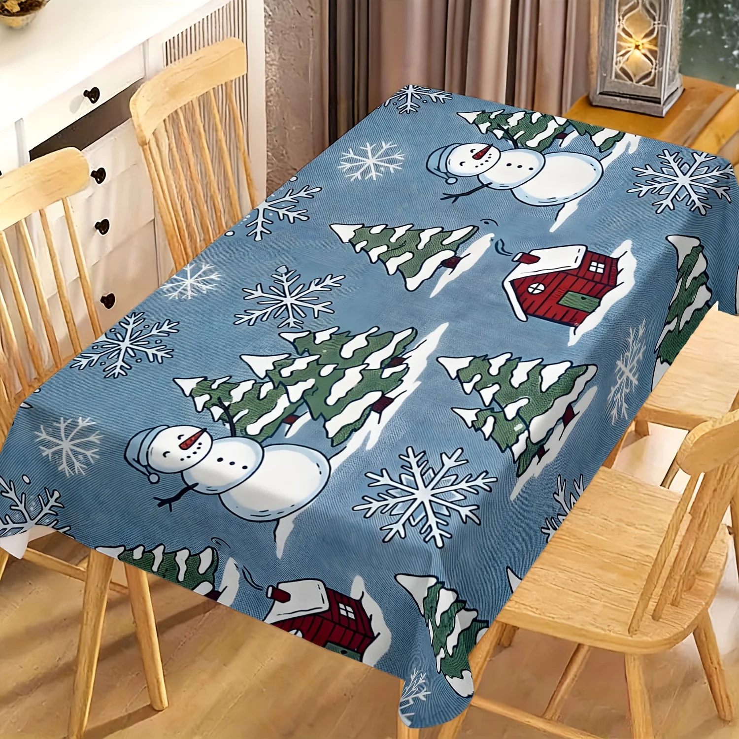 1pc 2D Flat Tablecloth, Snowman Snowy Pine Red Cabin Snowflakes on Blue Background Printed Rectangle Tablecloth