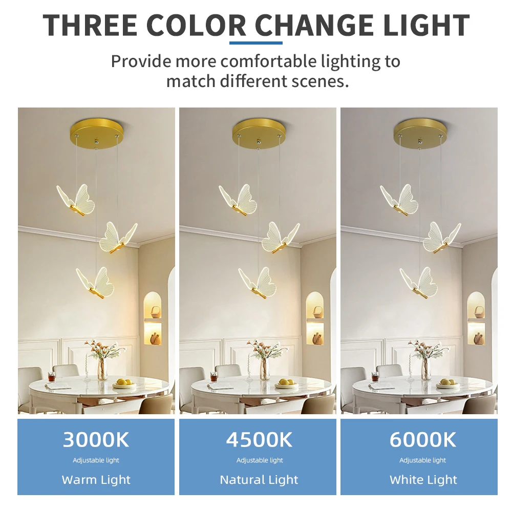 LED Modern Three Headed Butterfly Restaurant Pendant Light, Bedside Indoor Living Room Dining Room Kitchen Decoration Lighting