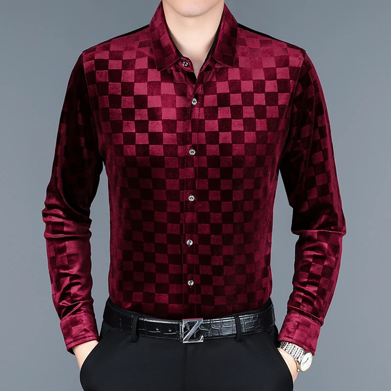 Fashion Plaid Business Casual Men's Shirt Gentleman Long Sleeved Autumn New Quality Velvet Soft Comfortable Luxury Chemise Homme