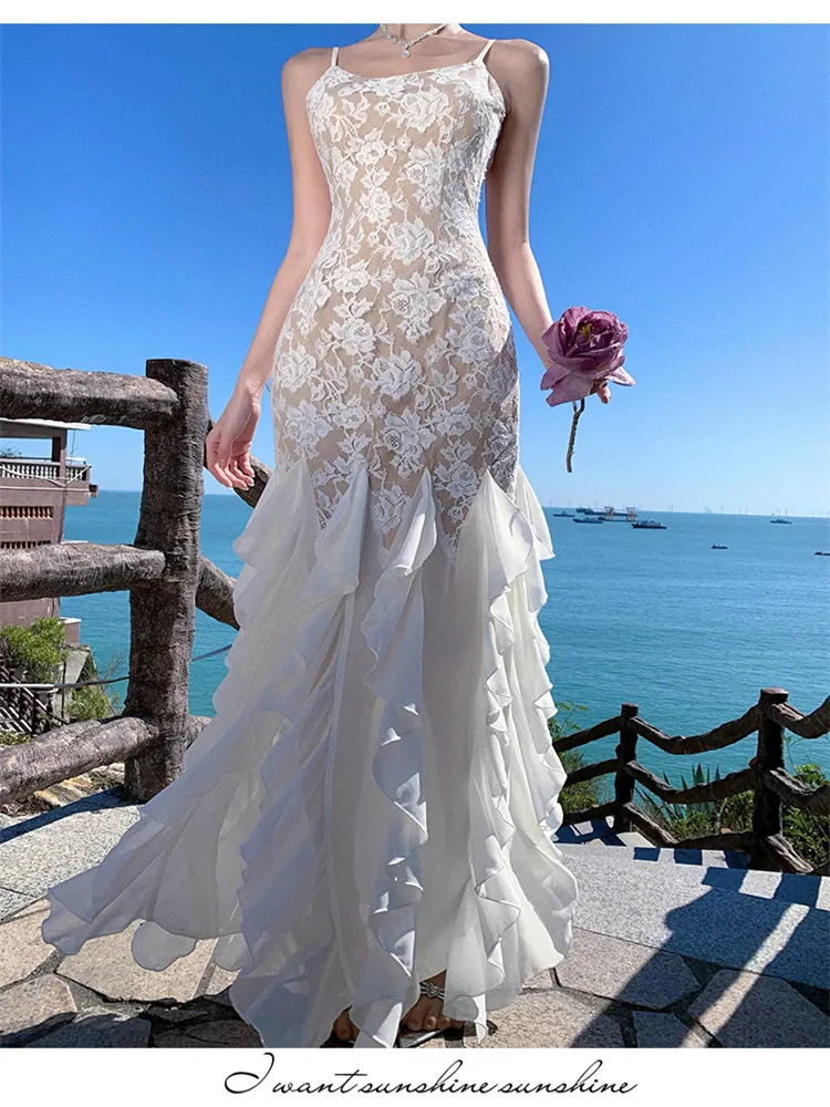 프랑스 우아한 러플 밑단 머메이드 롱 이브닝 파티 드레스 여름 레이스 화려한 슬래시 넥 백리스 스플릿 타이트 칵테일 드레스