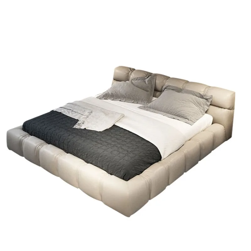 

Leather puff bed Internet celebrity cream wind double plaid master bedroom tatami