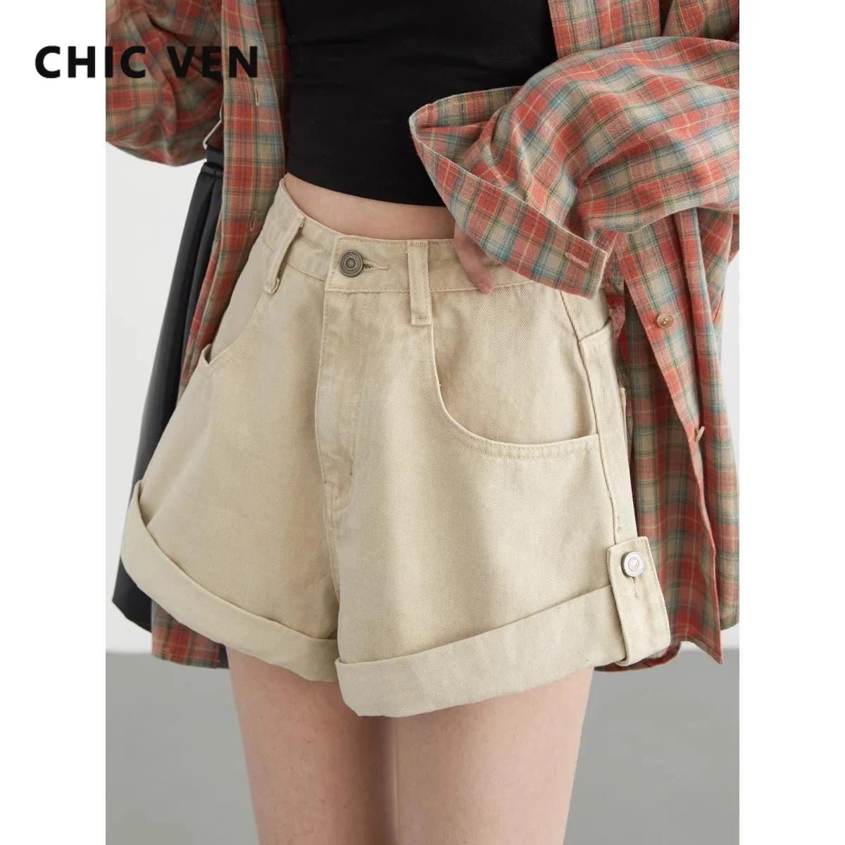 CHIC VEN Women Shorts Solid Casual New Korean High Waist Loose Female Cotton Denim Short  Woman A-line Pants Spring Autumn 2024