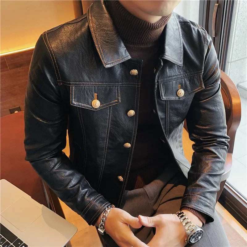 Men Faux Leather Jacket Oblique Zipper Jackets Motorcycle Black Jaqueta De Couro Masculina Outwear Male PU Leather Coats Men 3XL