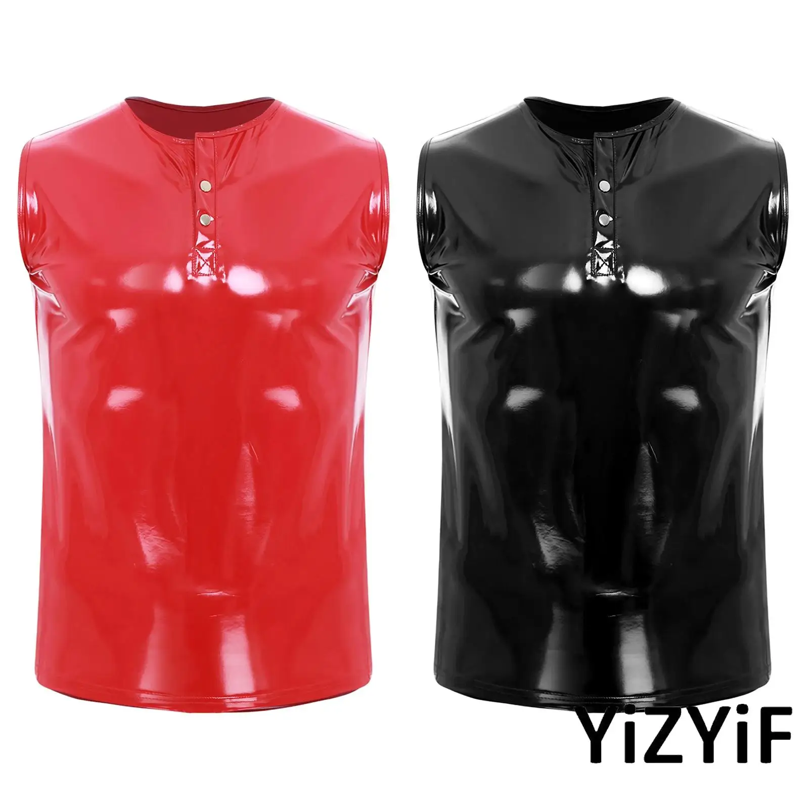 

Mens Wet Look PU Leather Driving Top Motor Style Waterproof Tank Top Sleeveless Buttons Compression Vest Pullover Top Clubwear