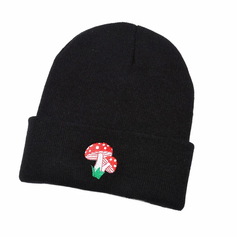 

Ladies Knitted Cap Autumn Winter Hat Mushroom Embroidery Beanie for Women Cute Style